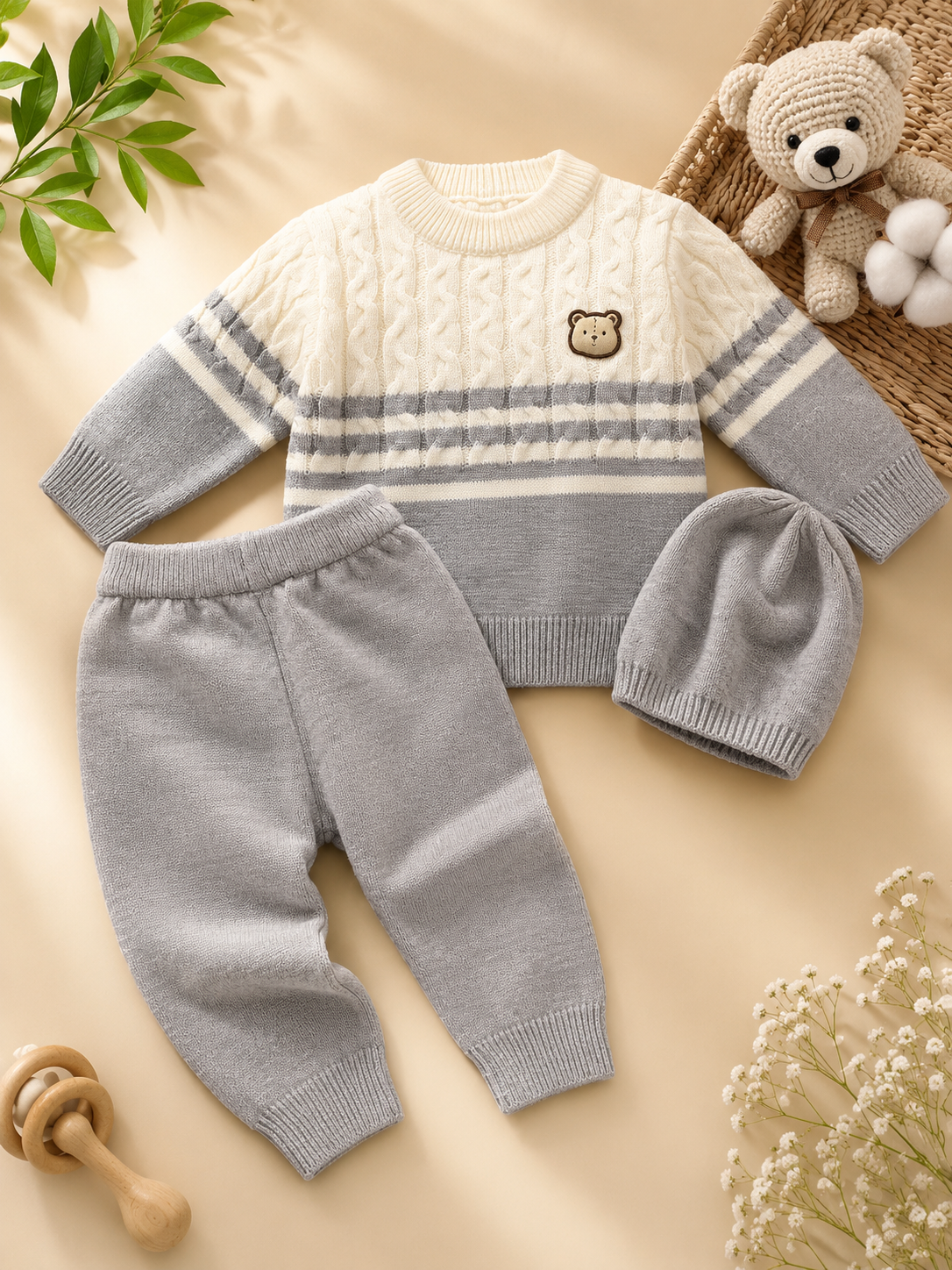 3-Piece Baby Knit Sweater Set – Knit Bear Patch Sweater, Pants & Beanie