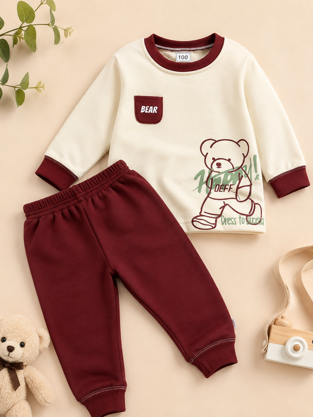 2 Piece Set - Cream & Maroon Bear Print Sweatshirt with Matching Pants