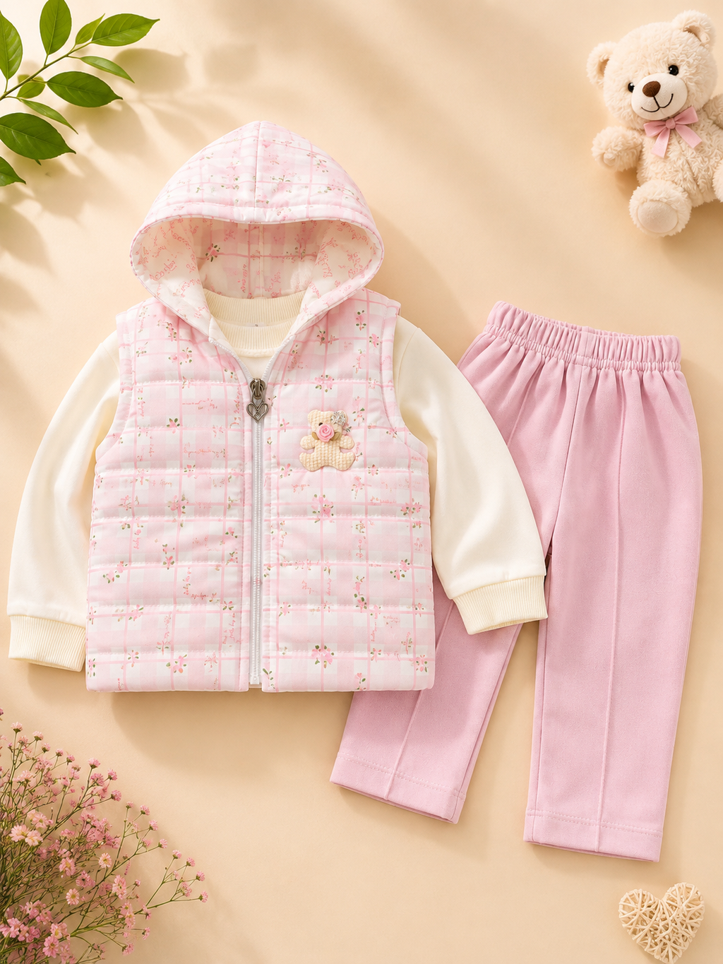Pink Baby Girl Outfit Set | Quilted Floral Vest with Long Sleeve Top & Trousers