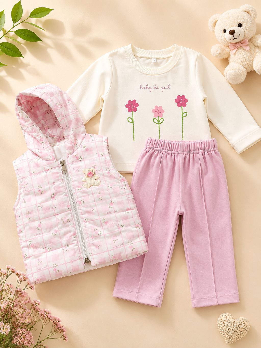 Pink Baby Girl Outfit Set | Quilted Floral Vest with Long Sleeve Top & Trousers