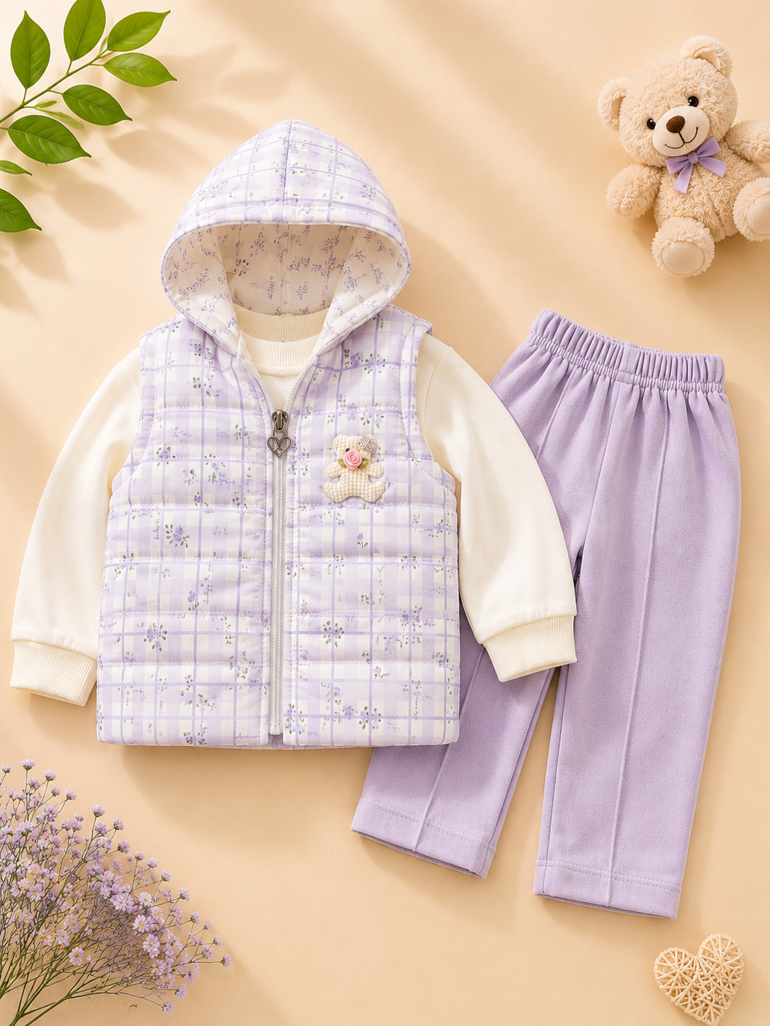 Purple Baby Girl Outfit Set | Quilted Floral Vest with Long Sleeve Top & Trousers