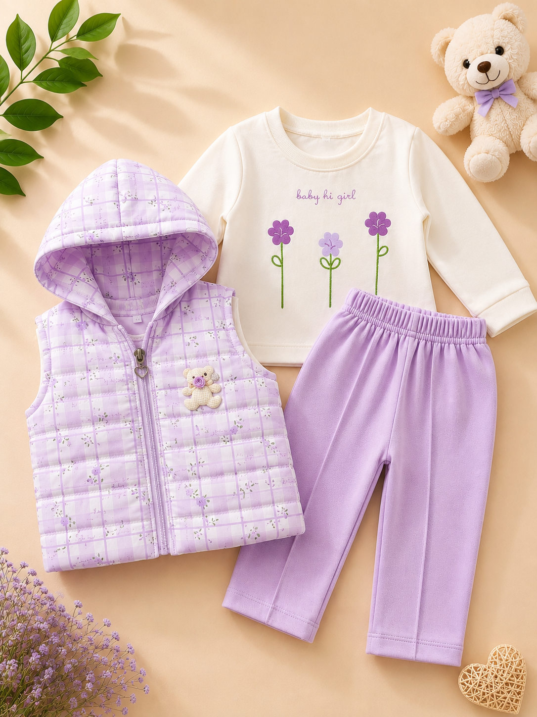 Purple Baby Girl Outfit Set | Quilted Floral Vest with Long Sleeve Top & Trousers