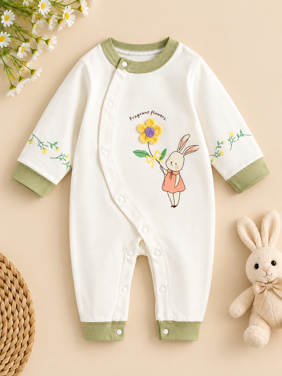 Baby Romper – Bunny & Fragrant Flowers Print Cotton Jumpsuit with 3D Flower Detail